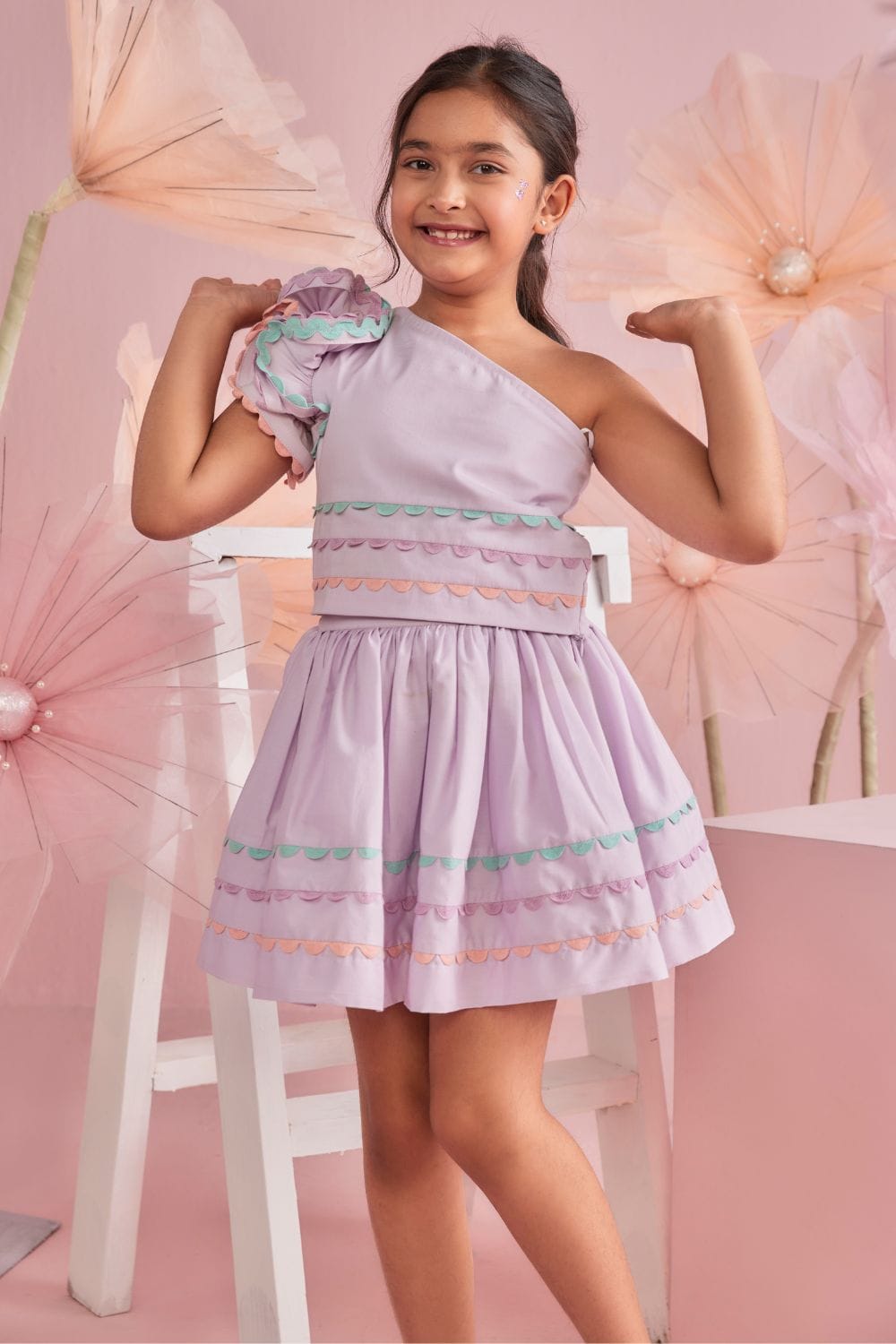 Lavender Ruffle One Shoulder Top & Skirt Set – Pink Kids Co-ord Set | PNK – Isha Arora India