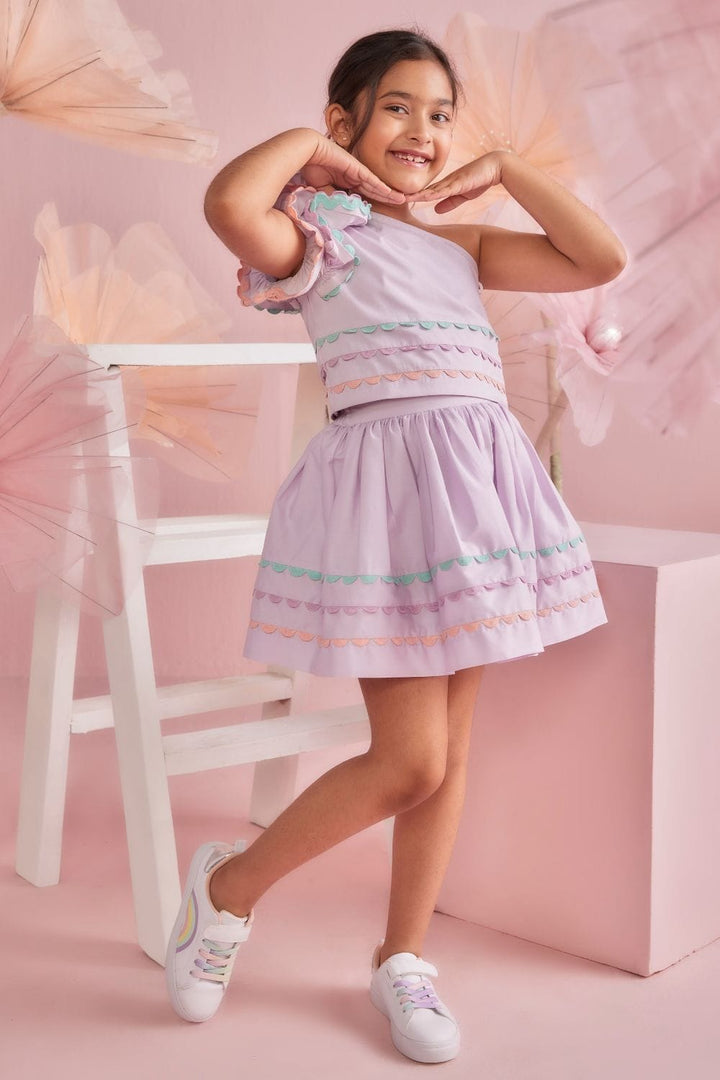 Lavender Ruffle One Shoulder Top & Skirt Set – Pink Kids Co-ord Set | PNK – Isha Arora India