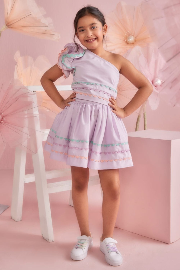 Lavender Ruffle One Shoulder Top & Skirt Set – Pink Kids Co-ord Set | PNK – Isha Arora India