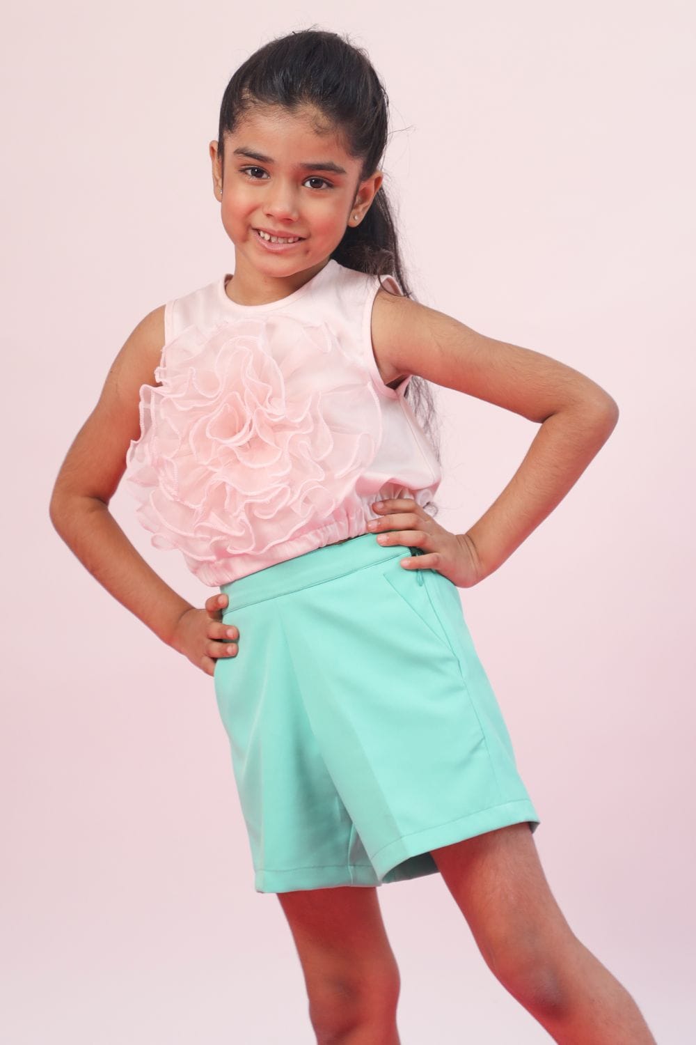 Pink Ruffle Top & Green Shorts Set – Pink Kids Co-ord Set | PNK – Isha Arora India