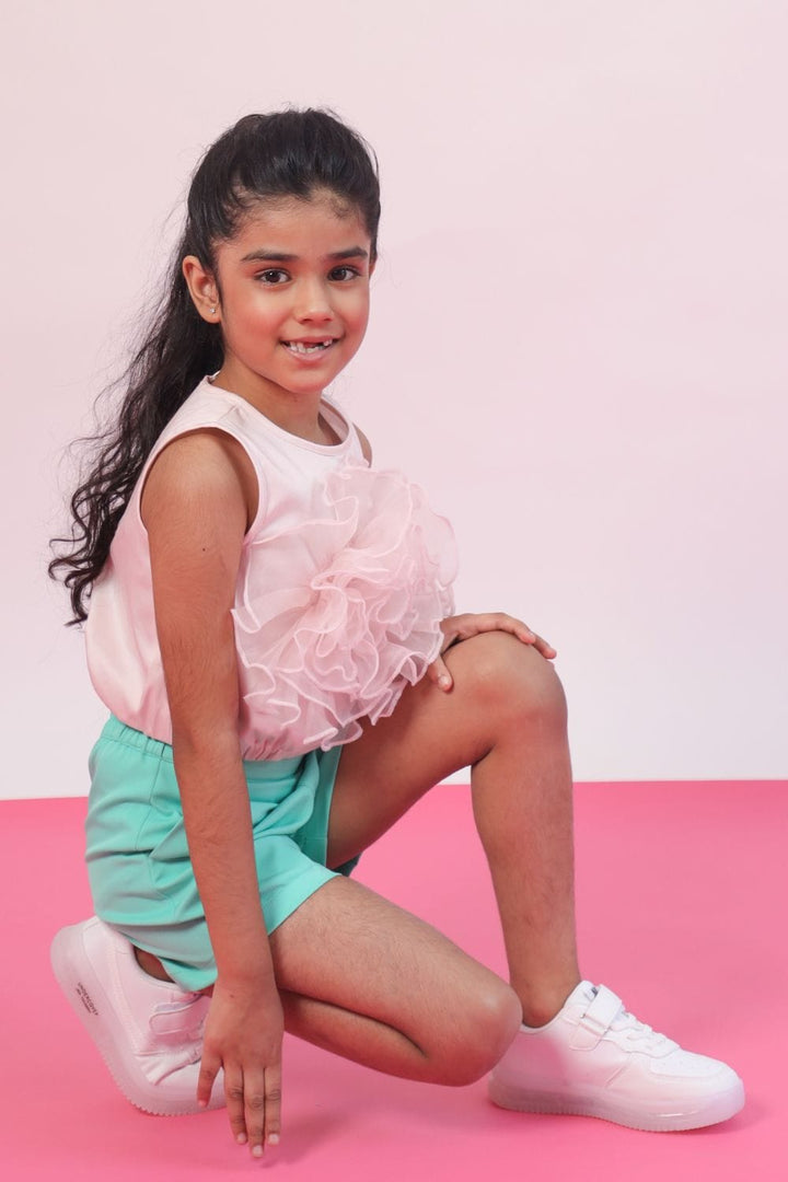 Pink Ruffle Top & Green Shorts Set – Pink Kids Co-ord Set | PNK – Isha Arora India