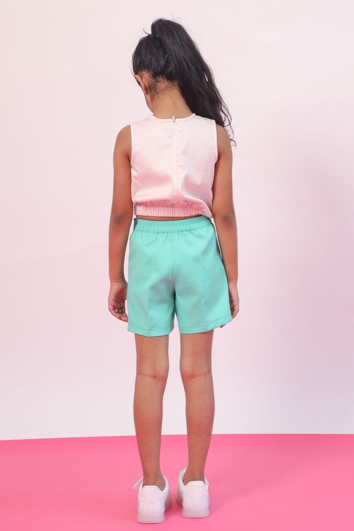 Pink Ruffle Top & Green Shorts Set – Pink Kids Co-ord Set | PNK – Isha Arora India