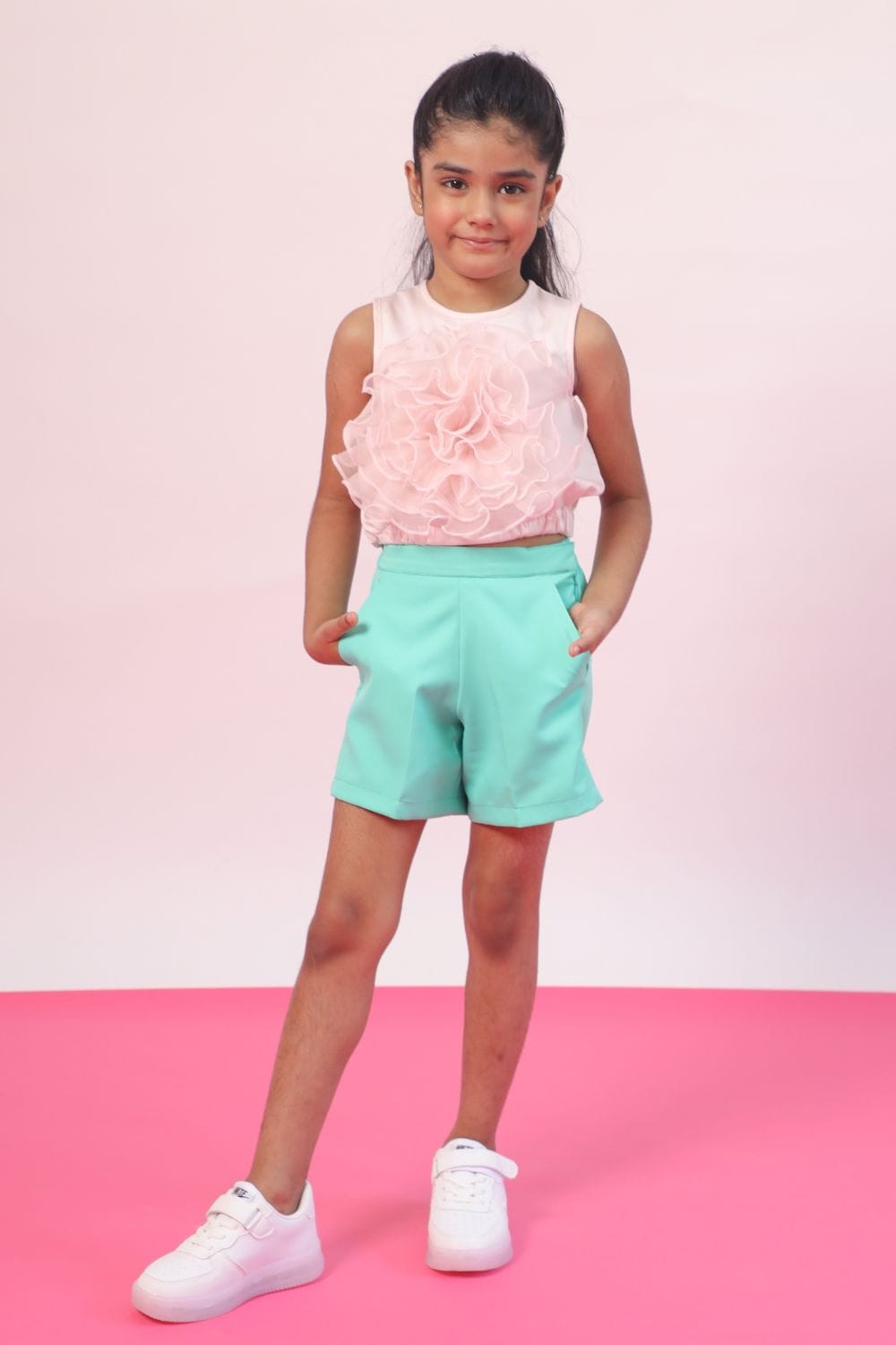 Pink Ruffle Top & Green Shorts Set – Pink Kids Co-ord Set | PNK – Isha Arora India