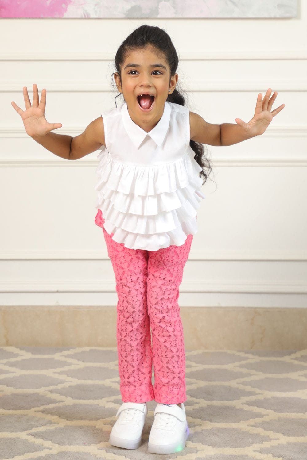Ruffle Top & Neon Pink Pants – Pink Kids Co-ord Set | PNK – Isha Arora India