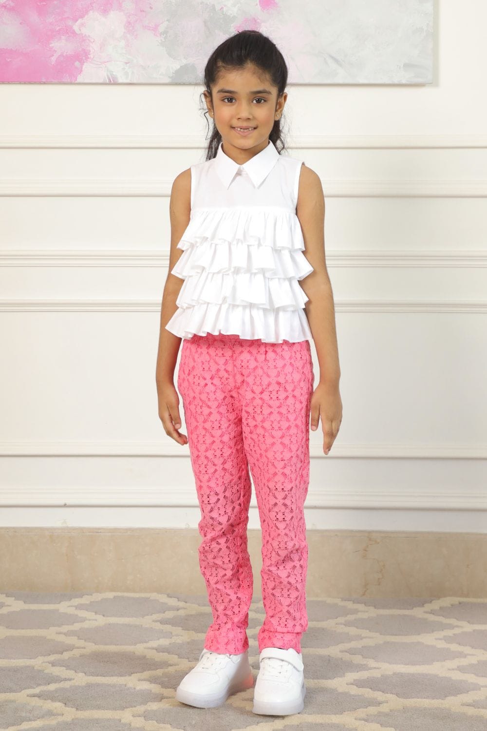 Ruffle Top & Neon Pink Pants – Pink Kids Co-ord Set | PNK – Isha Arora India