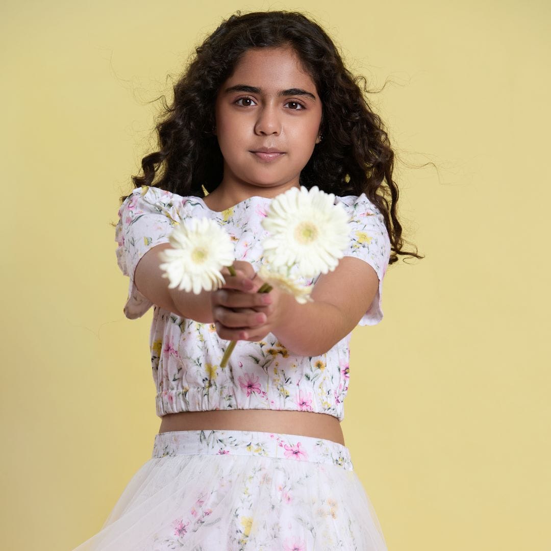 The Blossom Breeze Linen Crop Top and Skirt Set – White Kids Co-ord Set | PNK – Isha Arora India