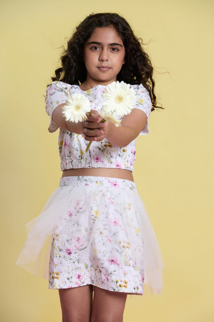 The Blossom Breeze Linen Crop Top and Skirt Set – White Kids Co-ord Set | PNK – Isha Arora India