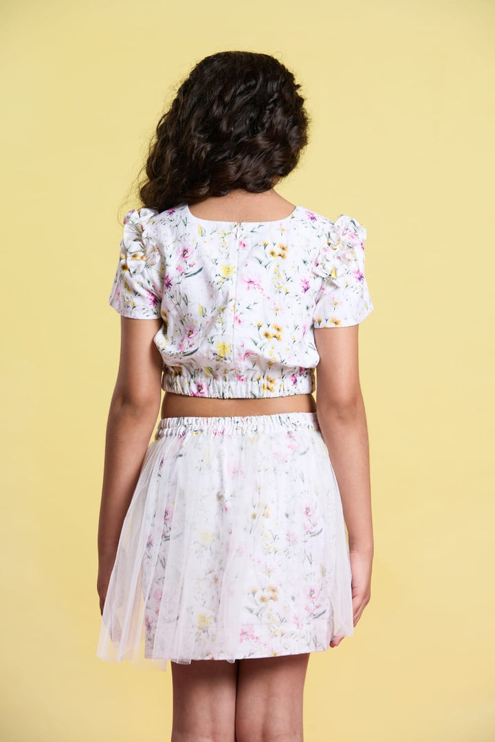 The Blossom Breeze Linen Crop Top and Skirt Set – White Kids Co-ord Set | PNK – Isha Arora India