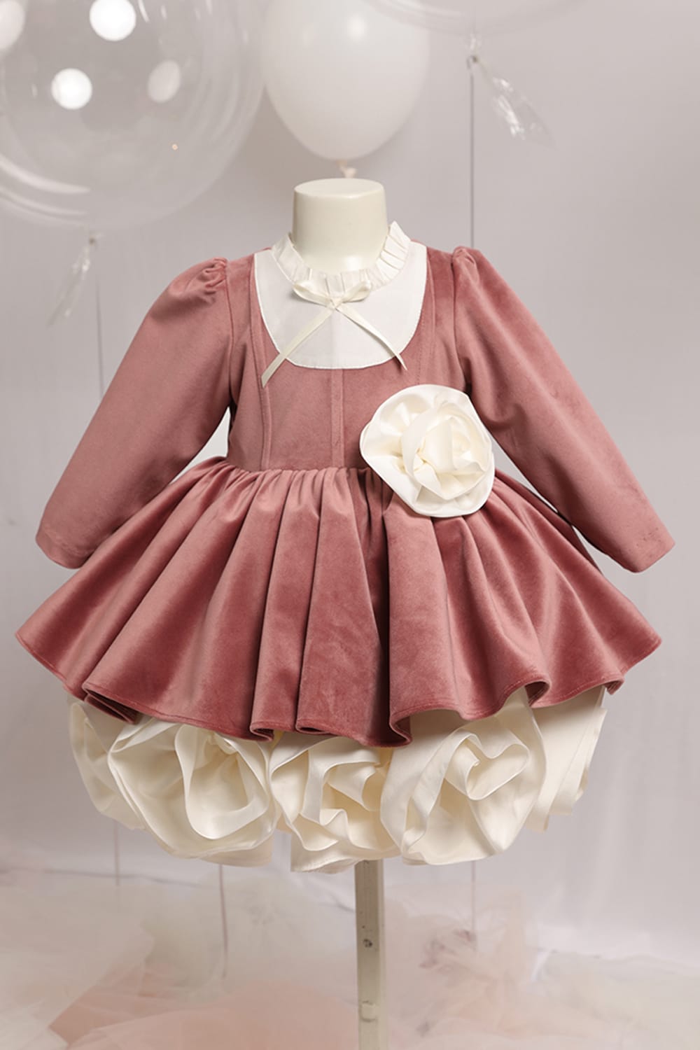 Dusky Pink Velvet Dress With Rosettes – Pink Designer Dress for Girls | PNK – Isha Arora India