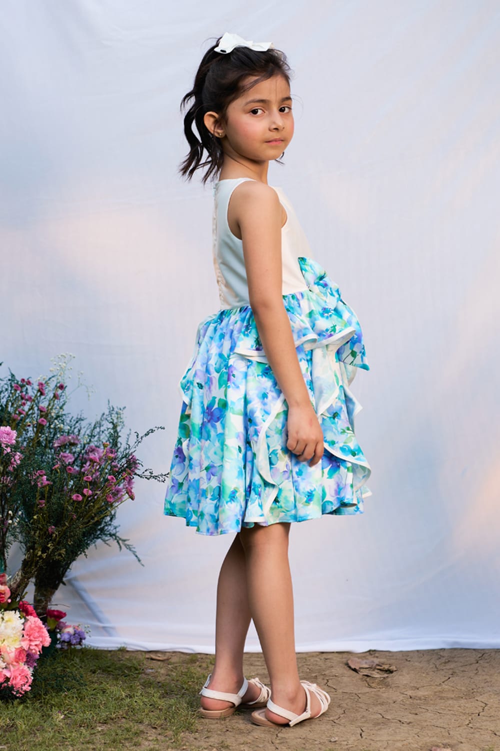 Floral Printed Swirly Dress – Blue Designer Dress for Girls | PNK – Isha Arora India