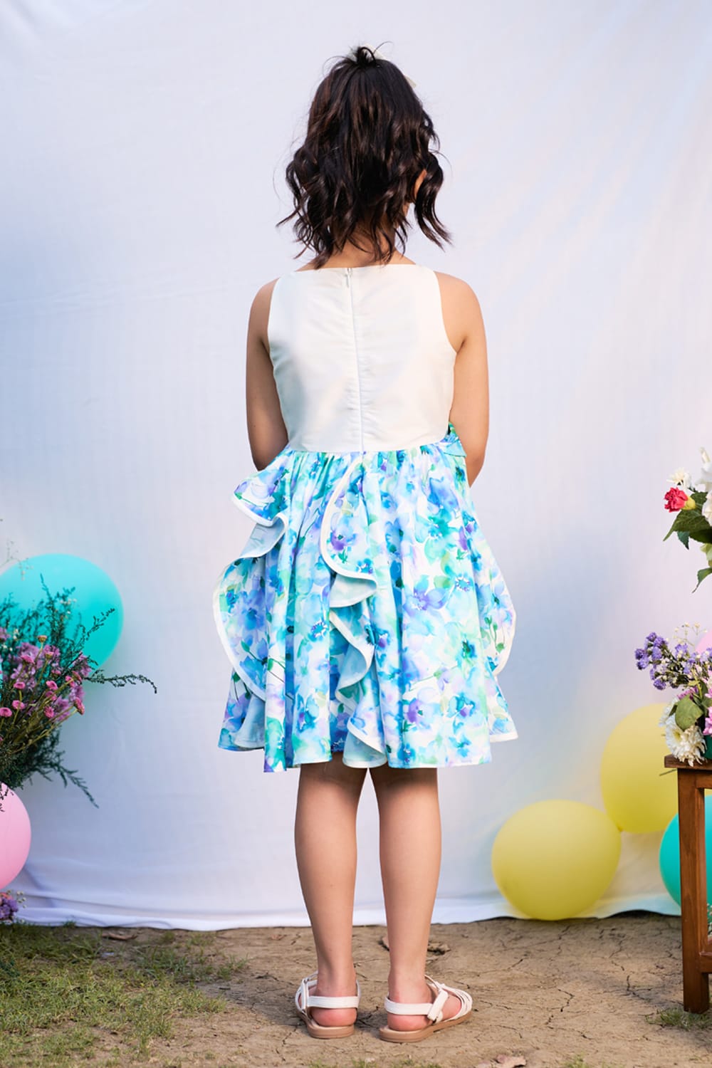 Floral Printed Swirly Dress – Blue Designer Dress for Girls | PNK – Isha Arora India
