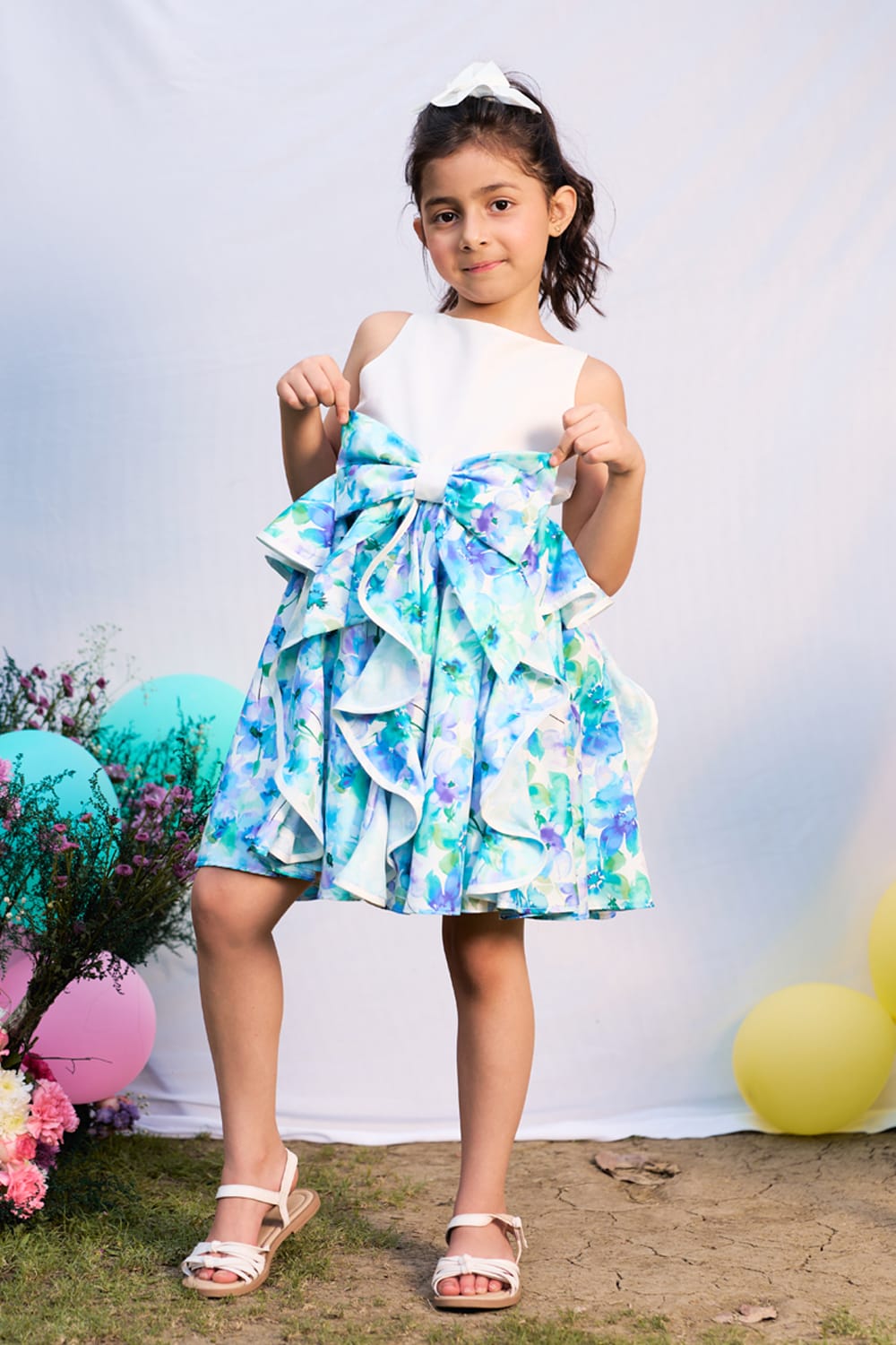 Floral Printed Swirly Dress – Blue Designer Dress for Girls | PNK – Isha Arora India