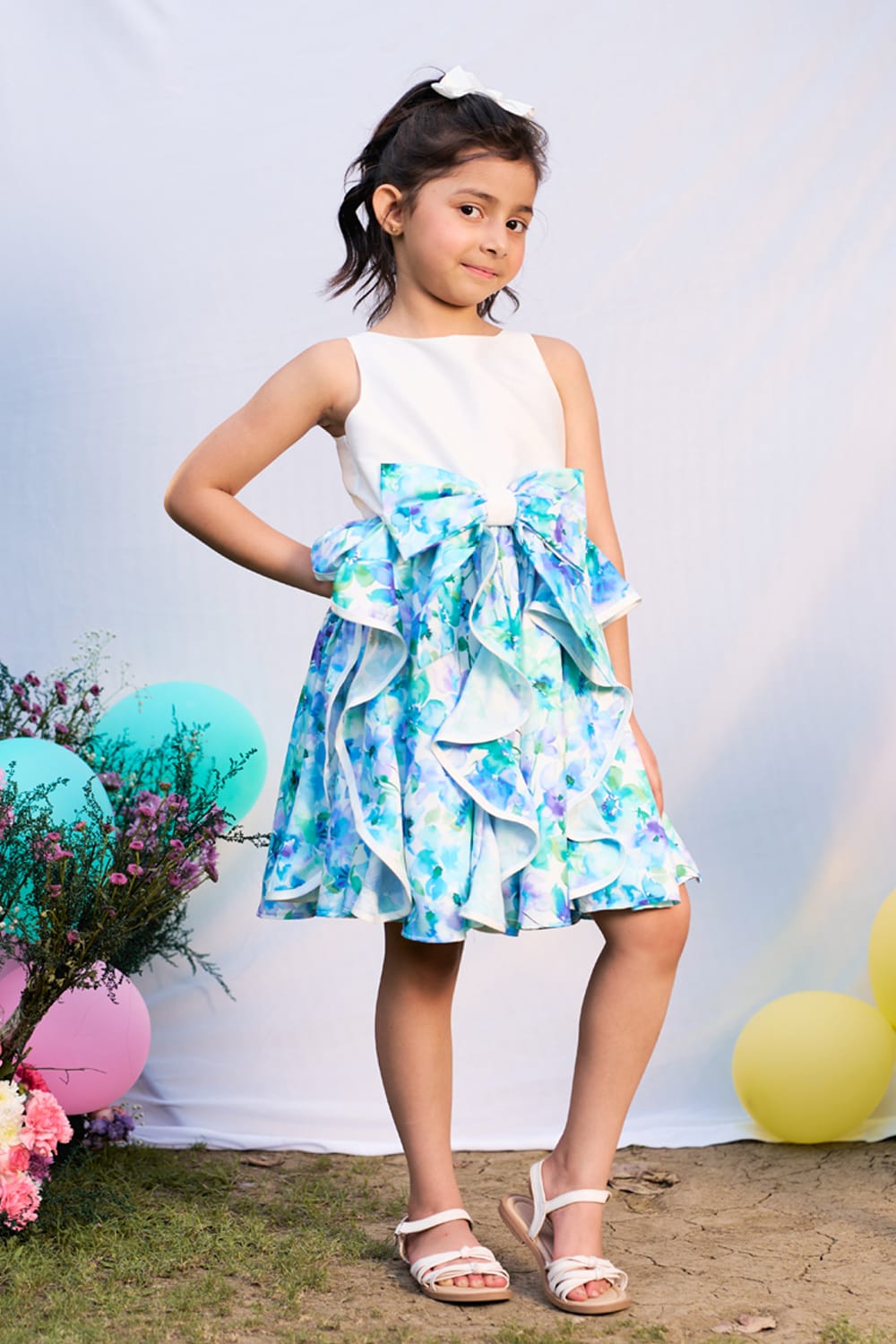 Floral Printed Swirly Dress – Blue Designer Dress for Girls | PNK – Isha Arora India