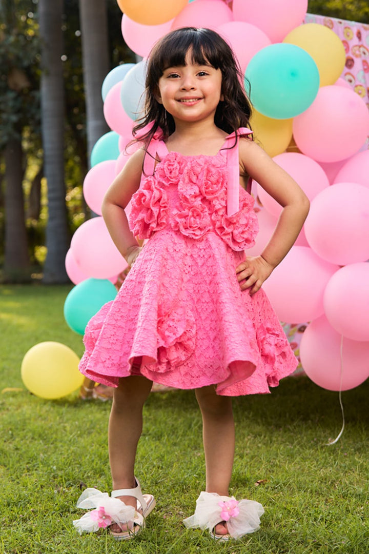 Flower Blooms On My Neon Pink Dress – Pink Designer Dress for Girls | PNK – Isha Arora India