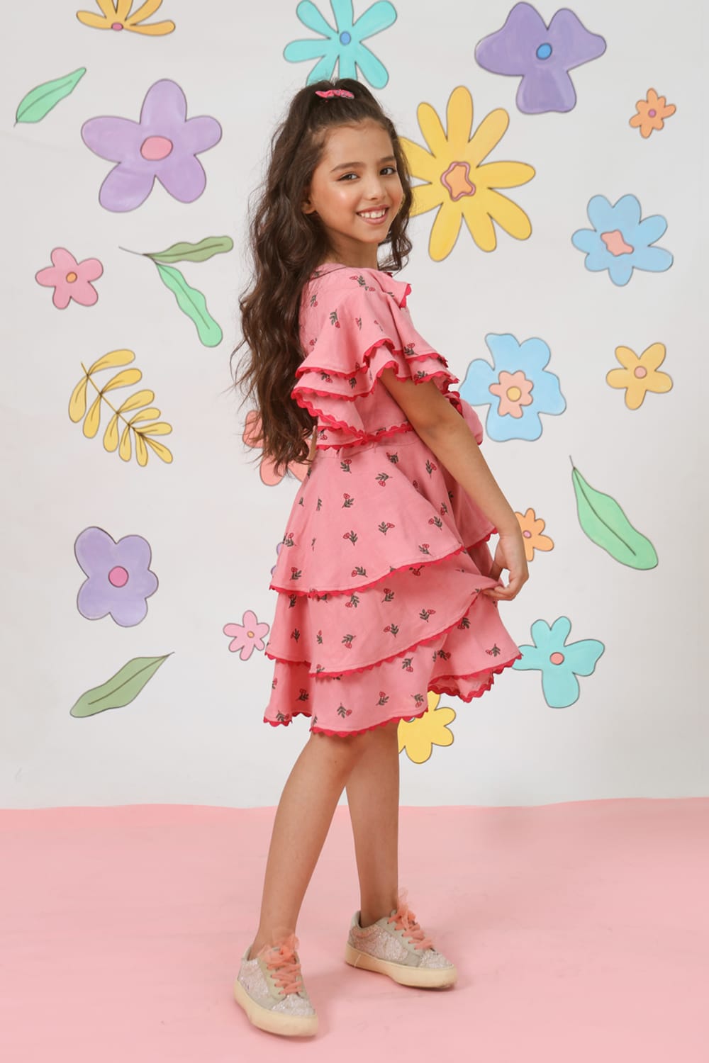 Flower Shower Tiered Dress – Pink Designer Dress for Girls | PNK – Isha Arora India