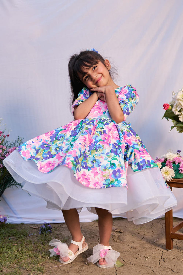 Flowers In Bloom Birthday Dress – Blue Designer Dress for Girls | PNK – Isha Arora India