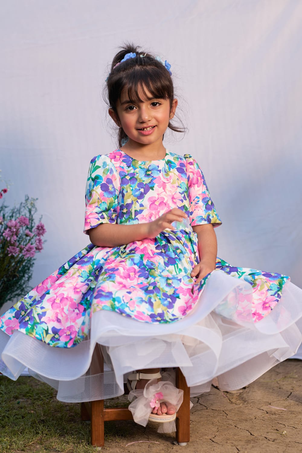 Flowers In Bloom Birthday Dress – Blue Designer Dress for Girls | PNK – Isha Arora India