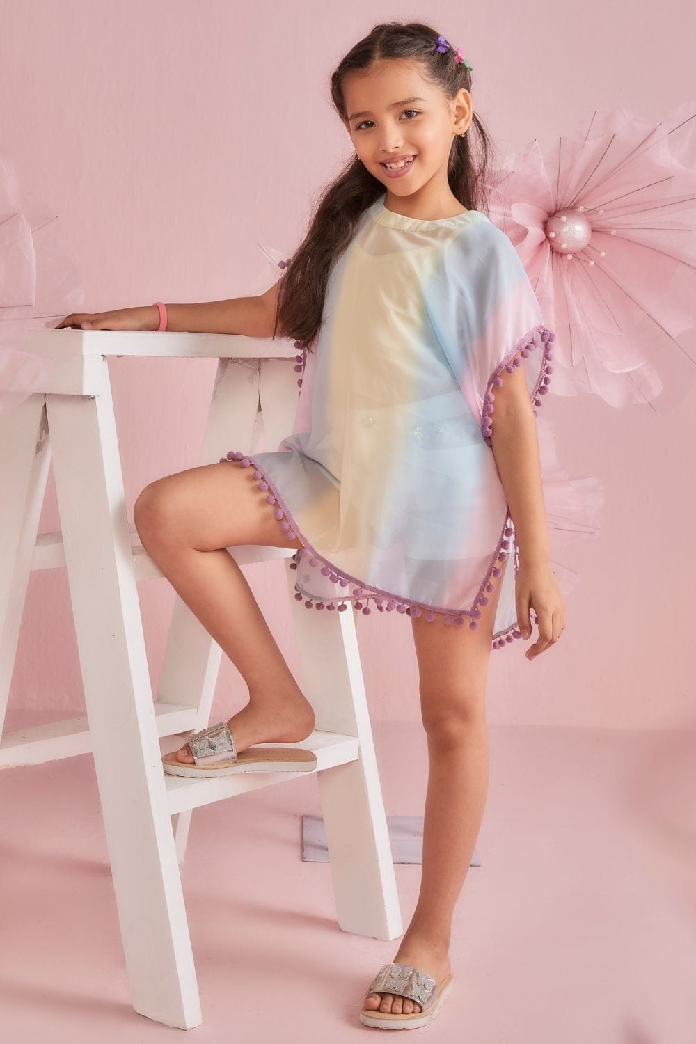 Pastel Rainbow Cover-Up – Green Designer Dress for Girls | PNK – Isha Arora India