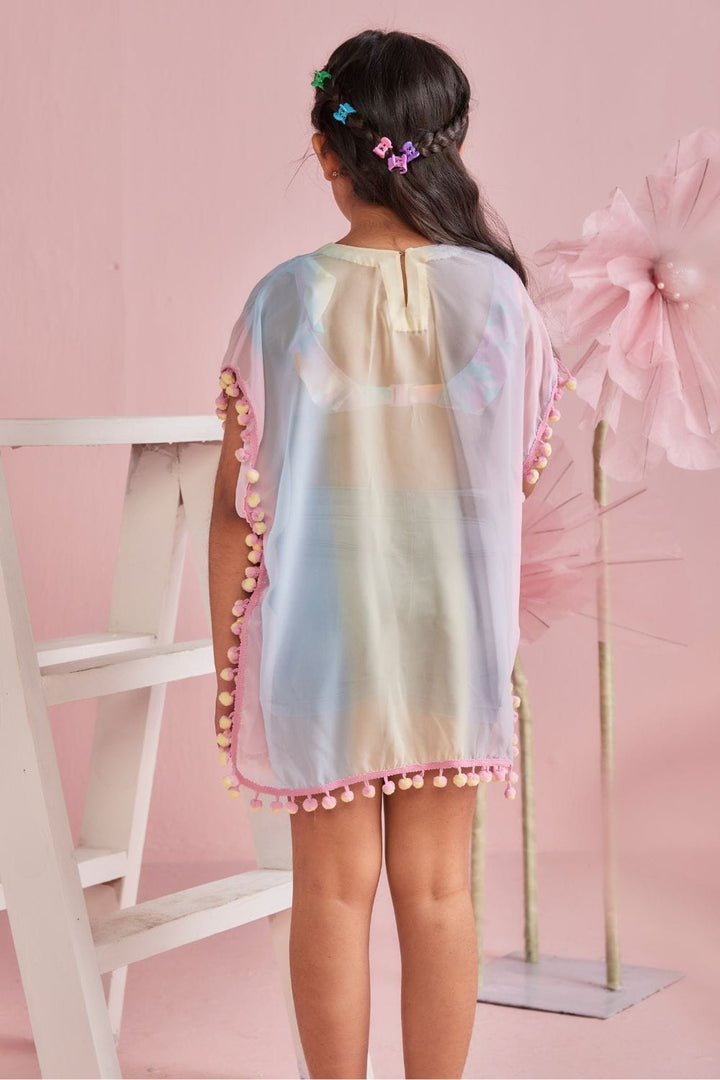 Pastel Rainbow Cover-Up With Twin Colour Pompom – Green Designer Dress for Girls | PNK – Isha Arora India