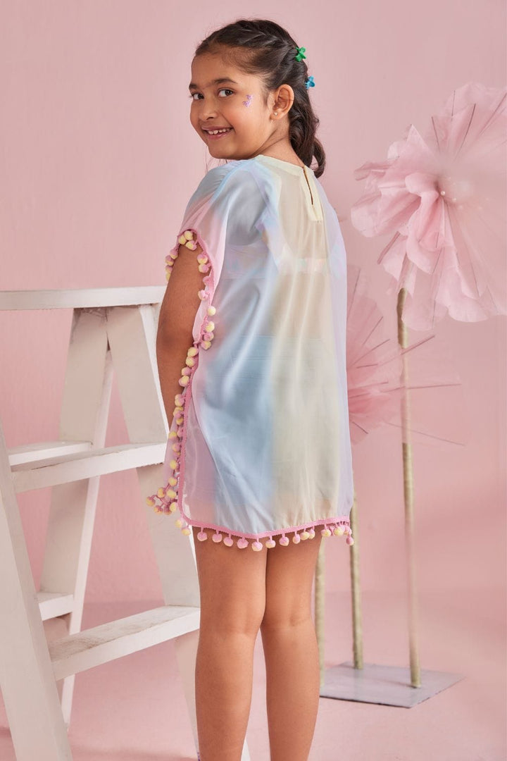 Pastel Rainbow Cover-Up With Twin Colour Pompom – Green Designer Dress for Girls | PNK – Isha Arora India