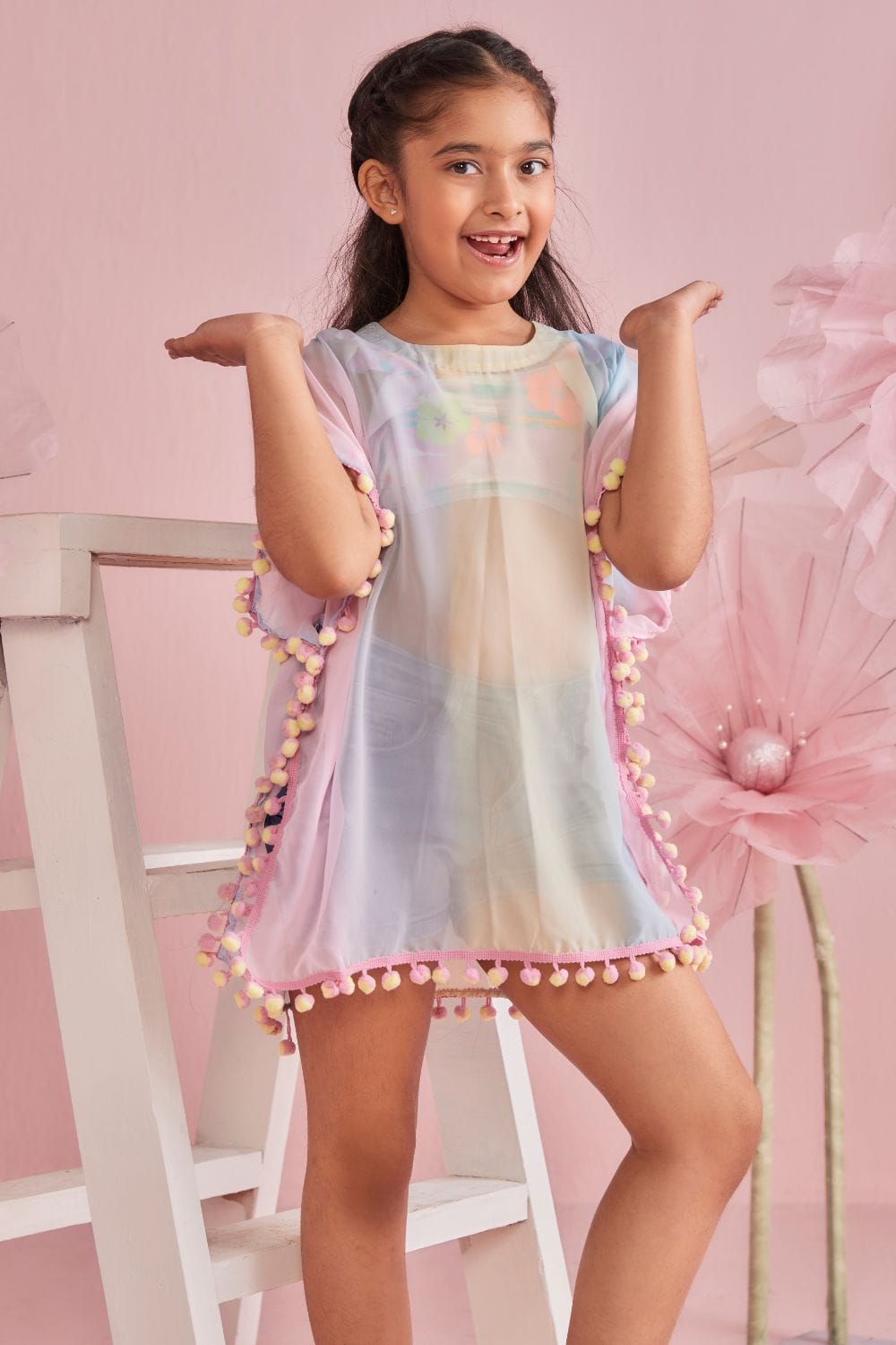 Pastel Rainbow Cover-Up With Twin Colour Pompom – Green Designer Dress for Girls | PNK – Isha Arora India