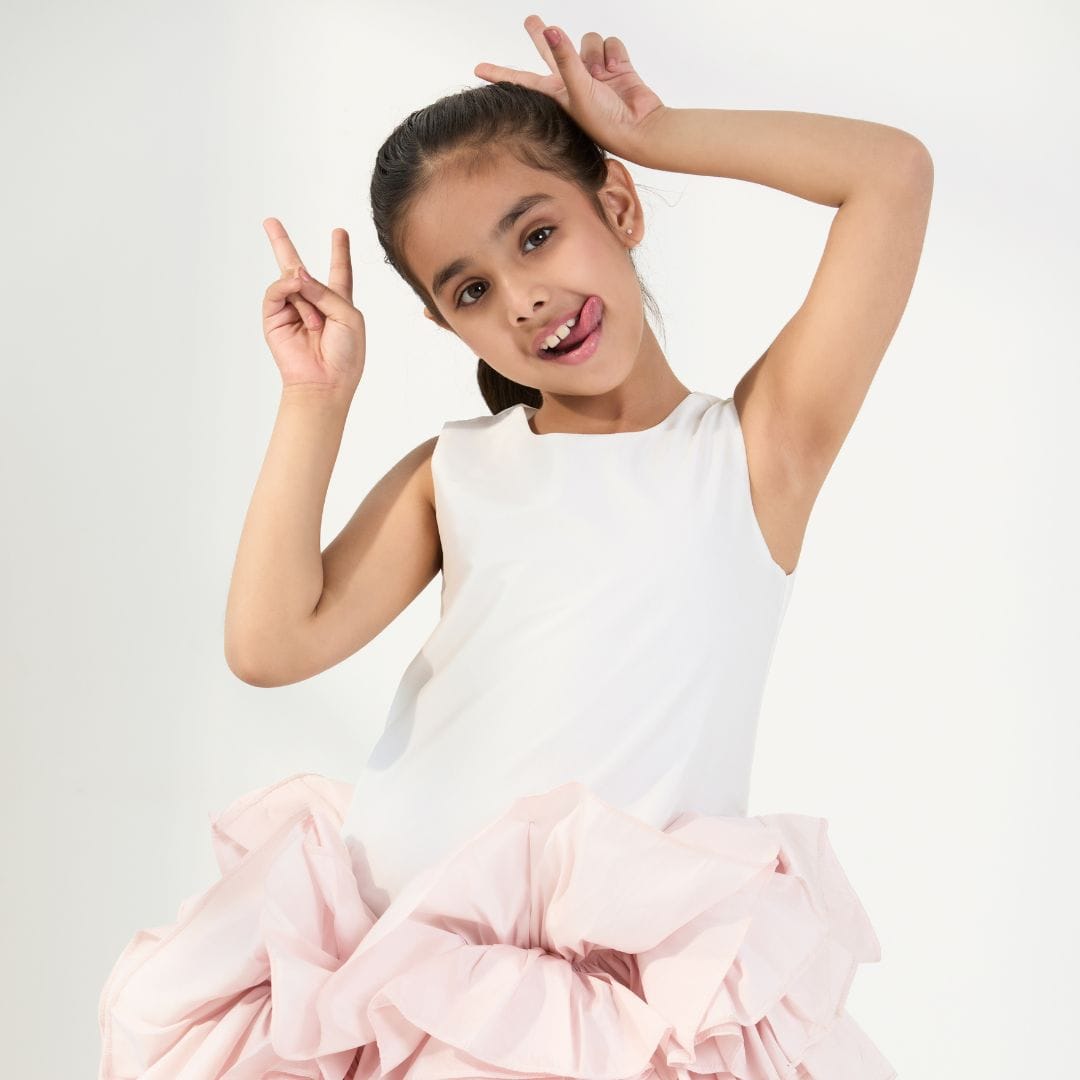 Frosted Rose Shift Dress – White Designer Dress for Girls | PNK – Isha Arora India