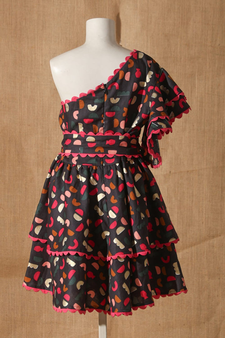 Geometric Shapes One Shoulder Dress – Black Designer Dress for Girls | PNK – Isha Arora India