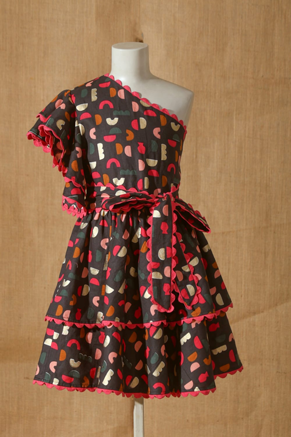 Geometric Shapes One Shoulder Dress – Black Designer Dress for Girls | PNK – Isha Arora India