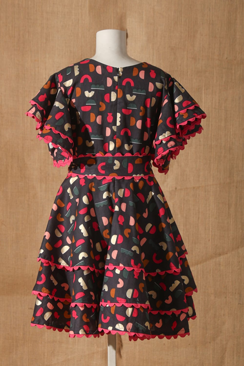 Geometric Shapes Tiered Dress – Black Designer Dress for Girls | PNK – Isha Arora India