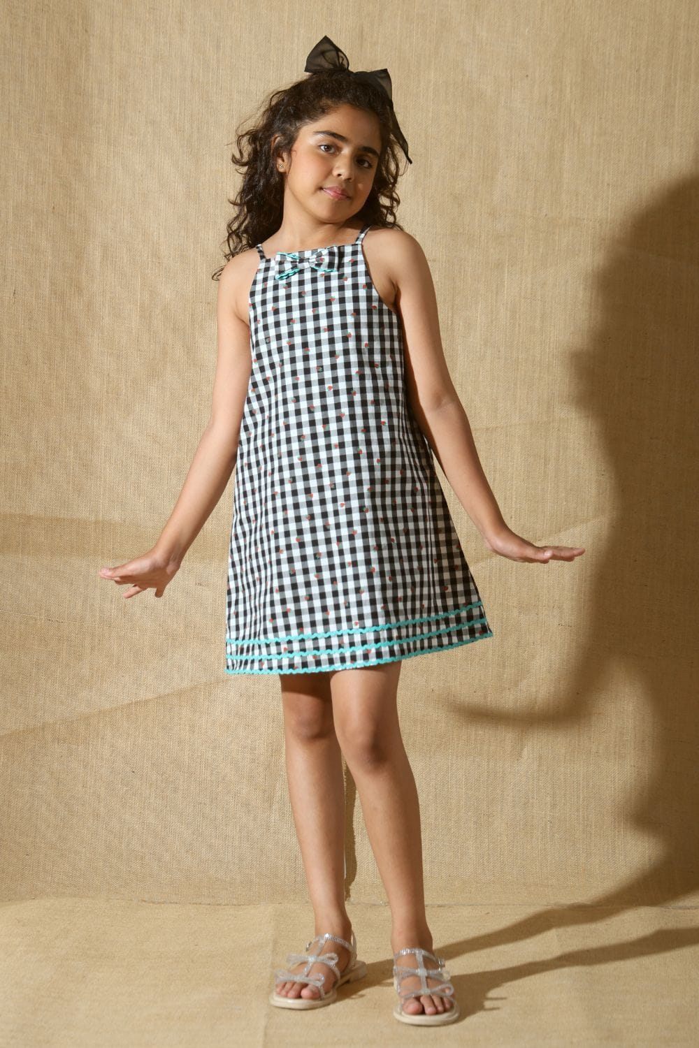 Ghingham Check & Strawberry Print Slip-on Dress – Black Designer Dress for Girls | PNK – Isha Arora India