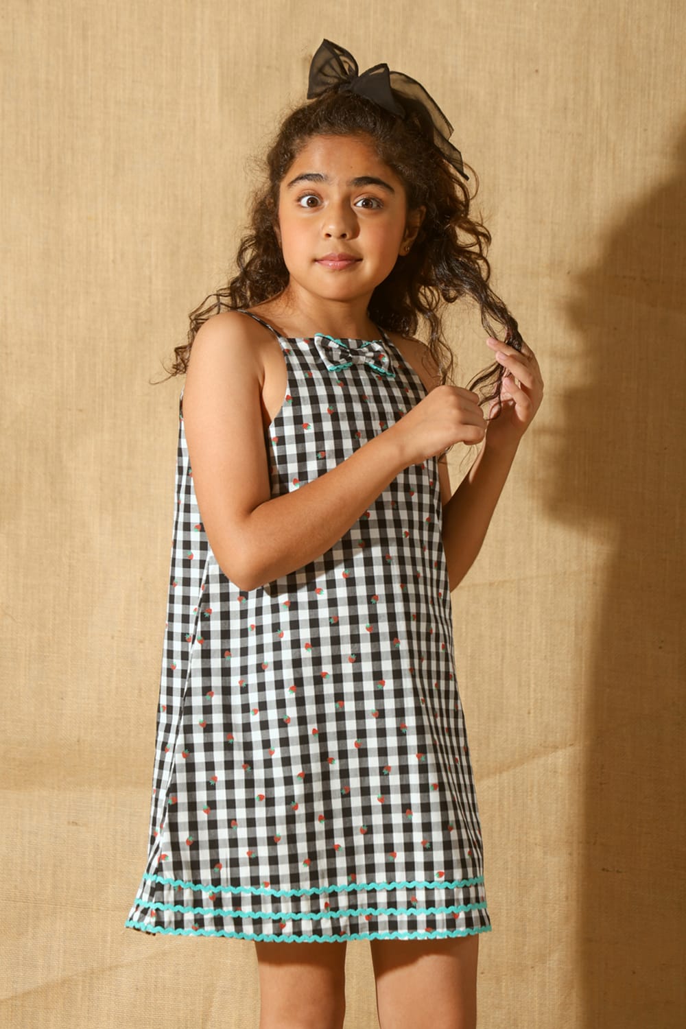 Ghingham Check & Strawberry Print Slip-on Dress – Black Designer Dress for Girls | PNK – Isha Arora India