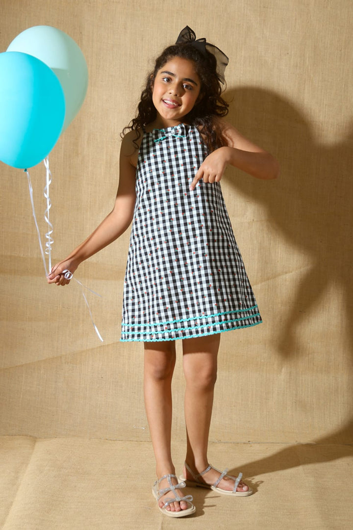 Ghingham Check & Strawberry Print Slip-on Dress – Black Designer Dress for Girls | PNK – Isha Arora India
