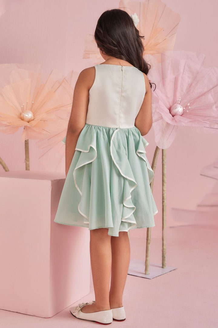 Ivory & Green Swirly Dress With Bow – Green Designer Dress for Girls | PNK – Isha Arora India