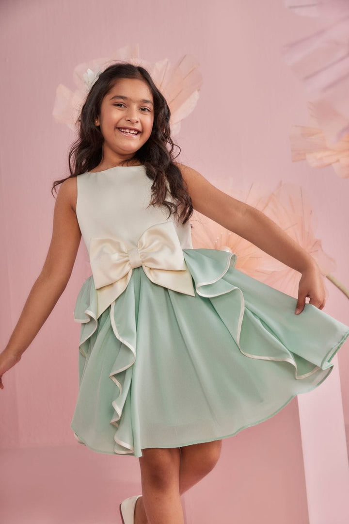 Ivory & Green Swirly Dress With Bow – Green Designer Dress for Girls | PNK – Isha Arora India