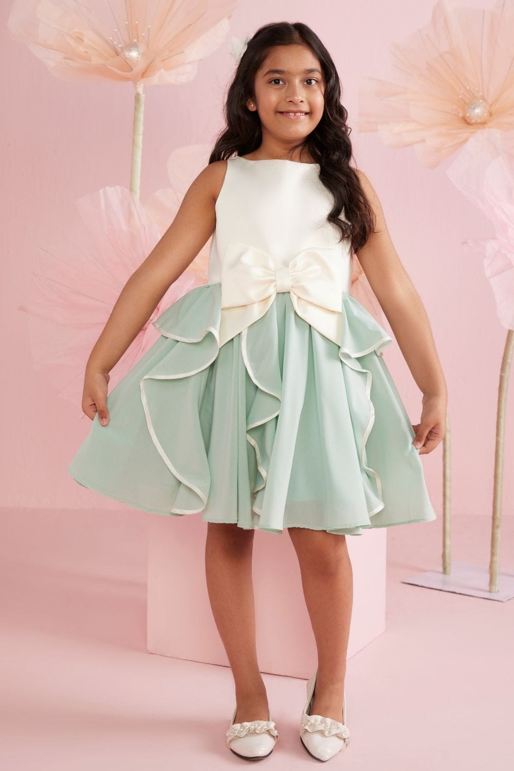Ivory & Green Swirly Dress With Bow – Green Designer Dress for Girls | PNK – Isha Arora India