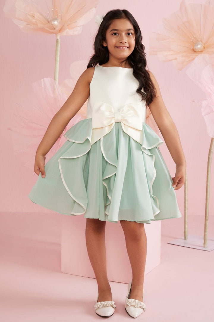Ivory & Green Swirly Dress With Bow – Green Designer Dress for Girls | PNK – Isha Arora India