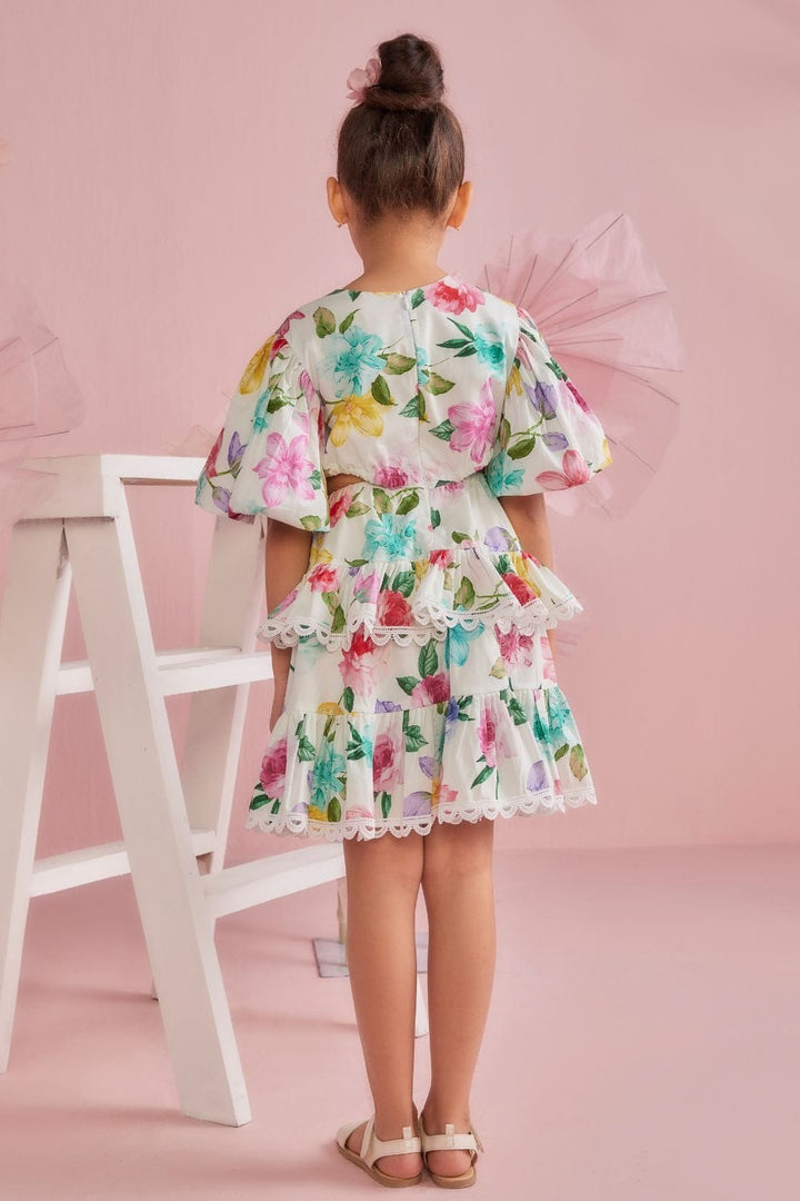 Multicolour Floral Print Tiered  Dress With Cut Out Waist – Multicolour Designer Dress for Girls | PNK – Isha Arora India