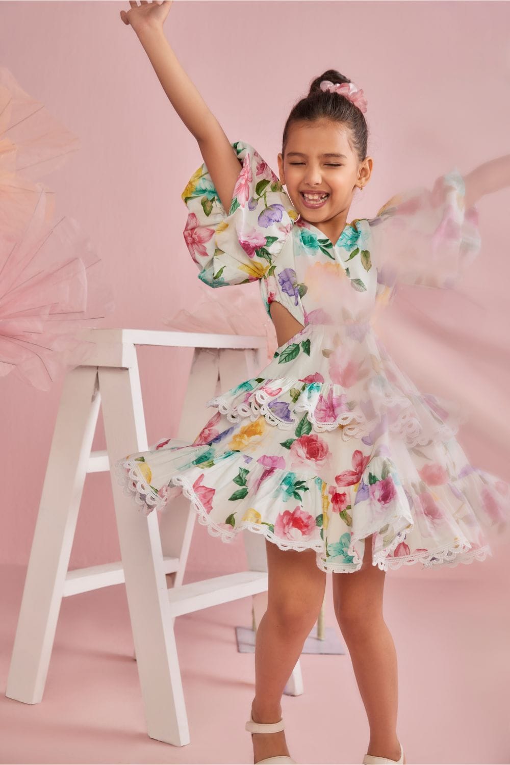Multicolour Floral Print Tiered  Dress With Cut Out Waist – Multicolour Designer Dress for Girls | PNK – Isha Arora India