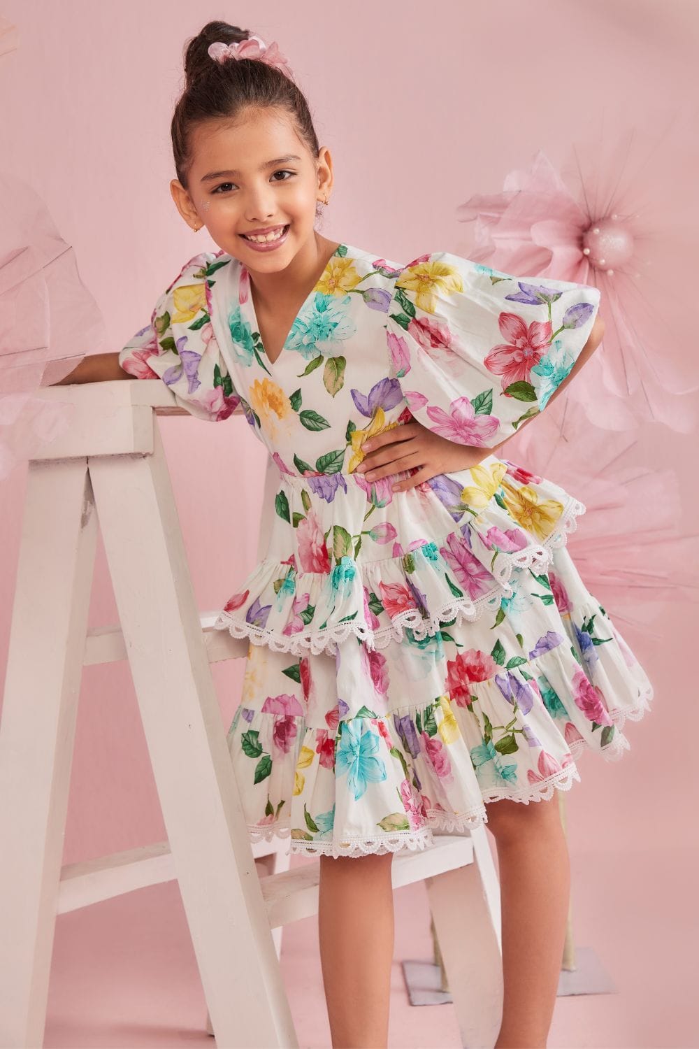 Multicolour Floral Print Tiered  Dress With Cut Out Waist – Multicolour Designer Dress for Girls | PNK – Isha Arora India