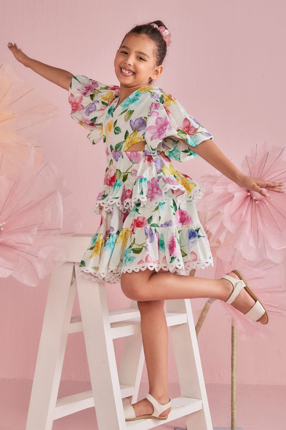 Multicolour Floral Print Tiered  Dress With Cut Out Waist – Multicolour Designer Dress for Girls | PNK – Isha Arora India