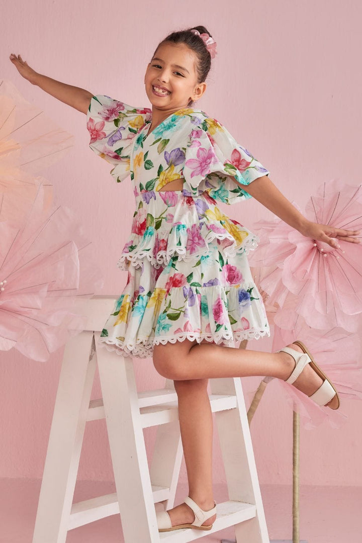 Multicolour Floral Print Tiered  Dress With Cut Out Waist – Multicolour Designer Dress for Girls | PNK – Isha Arora India