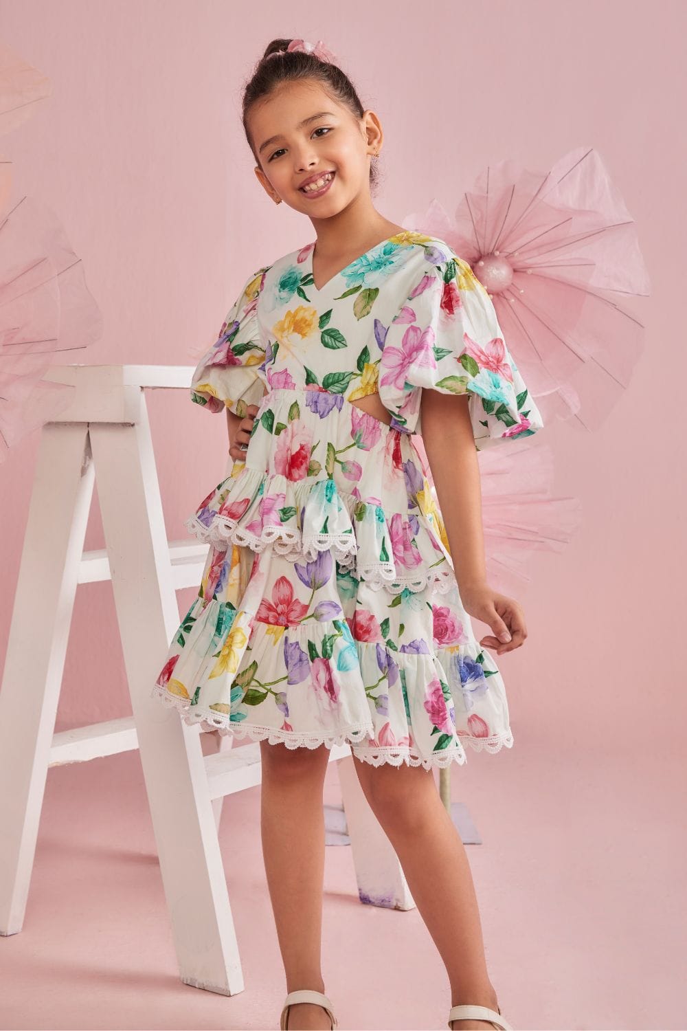Multicolour Floral Print Tiered  Dress With Cut Out Waist – Multicolour Designer Dress for Girls | PNK – Isha Arora India
