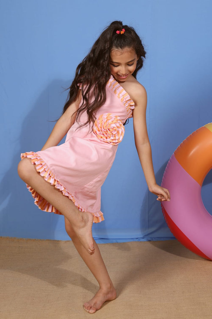 One Shoulder Pink & Stripe Dress – Pink Designer Dress for Girls | PNK – Isha Arora India