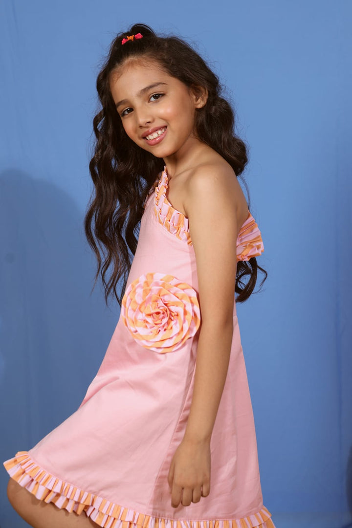 One Shoulder Pink & Stripe Dress – Pink Designer Dress for Girls | PNK – Isha Arora India