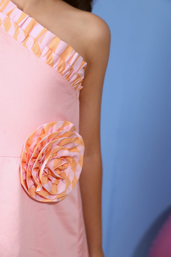 One Shoulder Pink & Stripe Dress – Pink Designer Dress for Girls | PNK – Isha Arora India