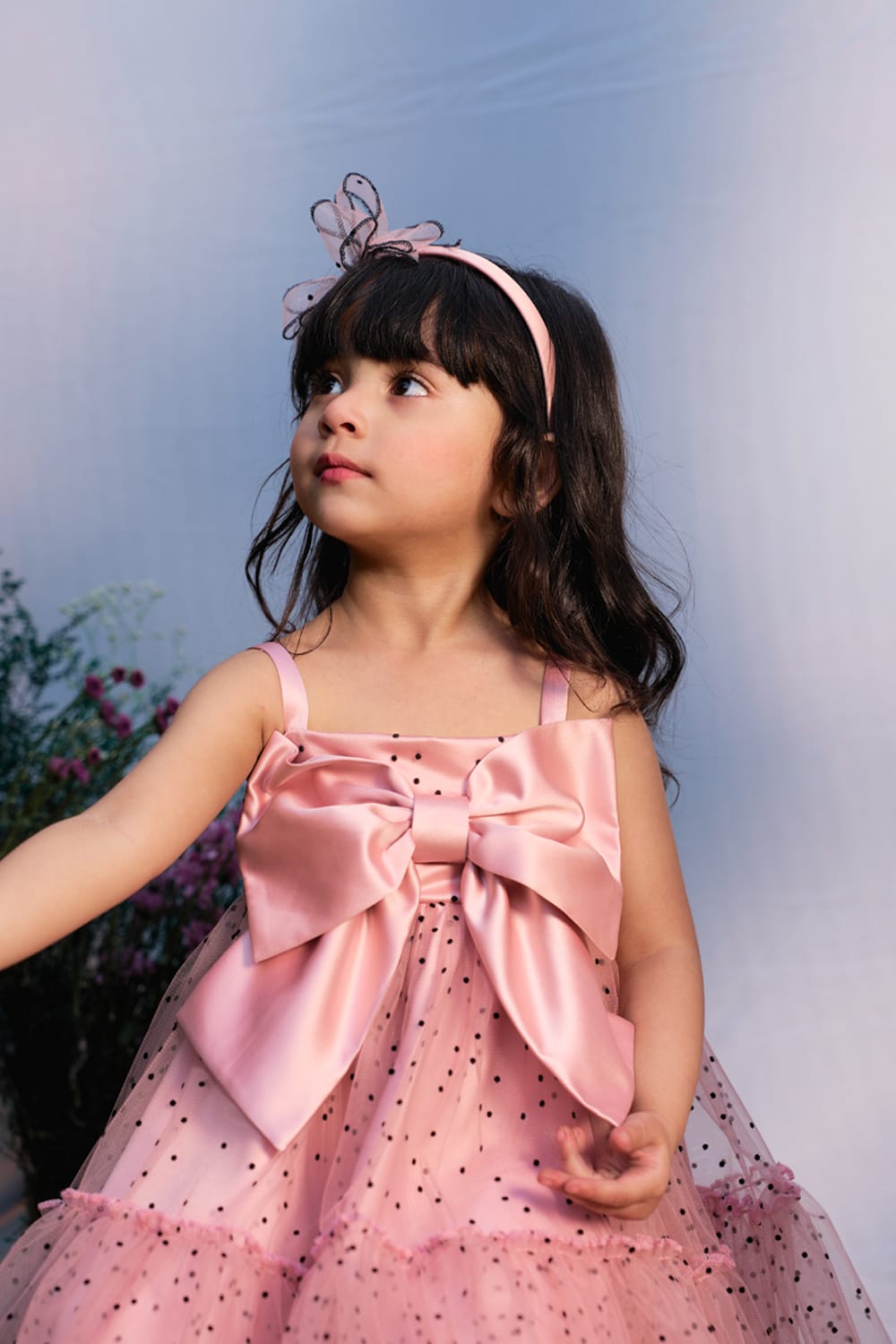 Pink Polka & Big Bow Dress – Pink Designer Dress for Girls | PNK – Isha Arora India
