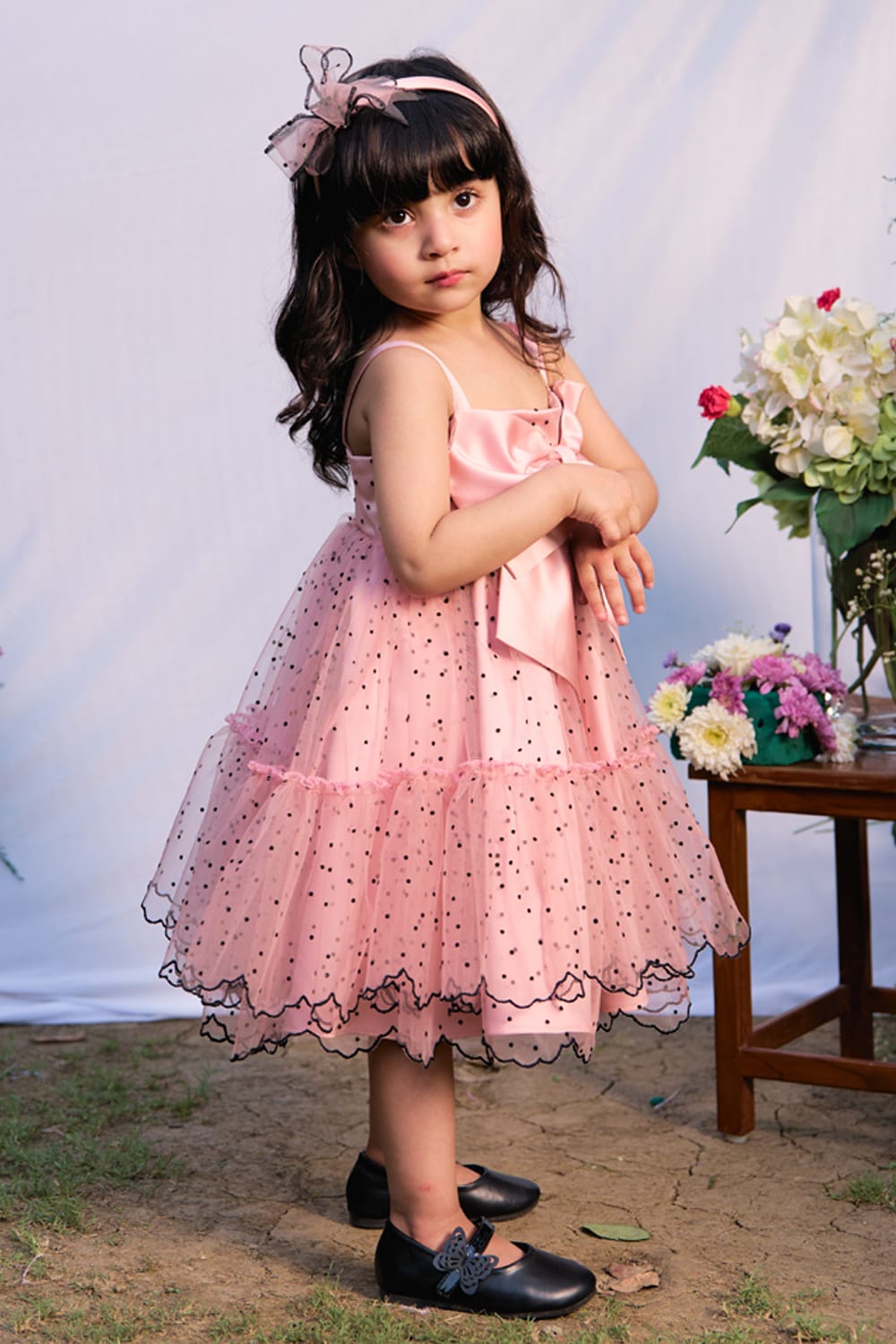 Pink Polka & Big Bow Dress – Pink Designer Dress for Girls | PNK – Isha Arora India