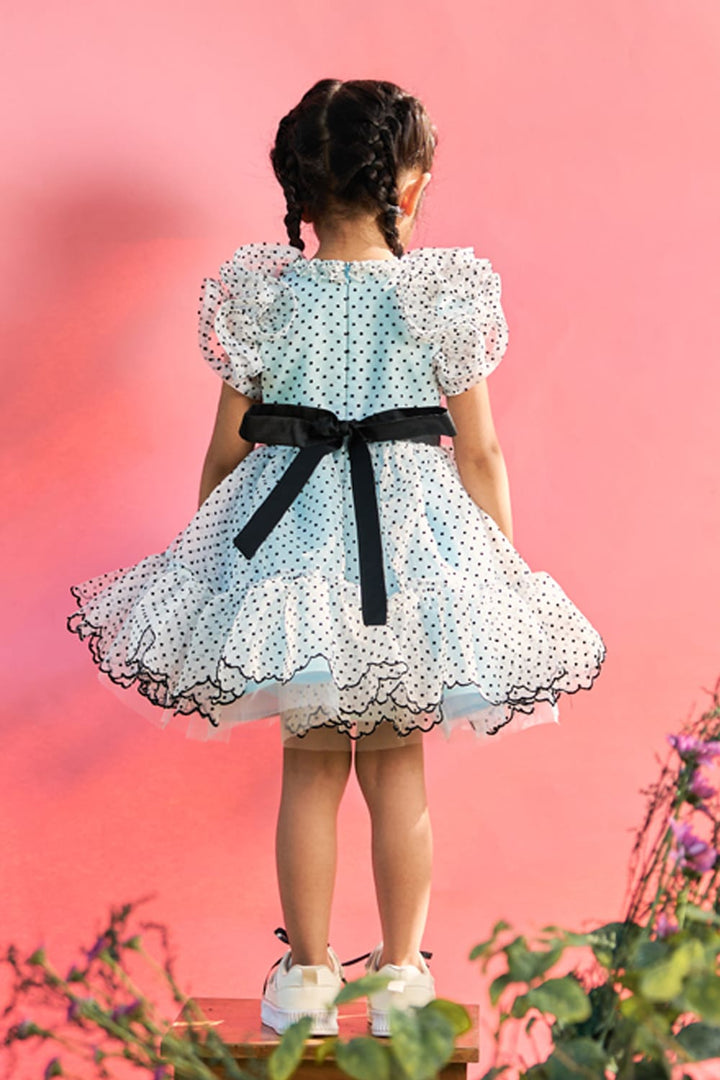 Powder Blue Dress With Polka Dots & Bows – Blue Designer Dress for Girls | PNK – Isha Arora India