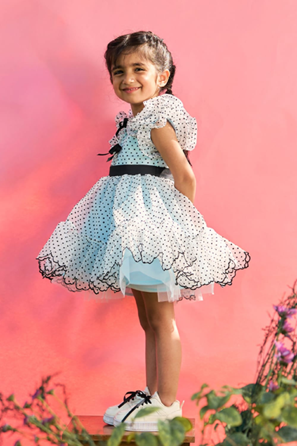 Powder Blue Dress With Polka Dots & Bows – Blue Designer Dress for Girls | PNK – Isha Arora India
