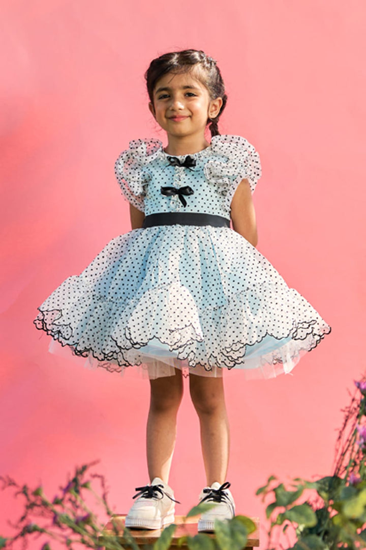 Powder Blue Dress With Polka Dots & Bows – Blue Designer Dress for Girls | PNK – Isha Arora India